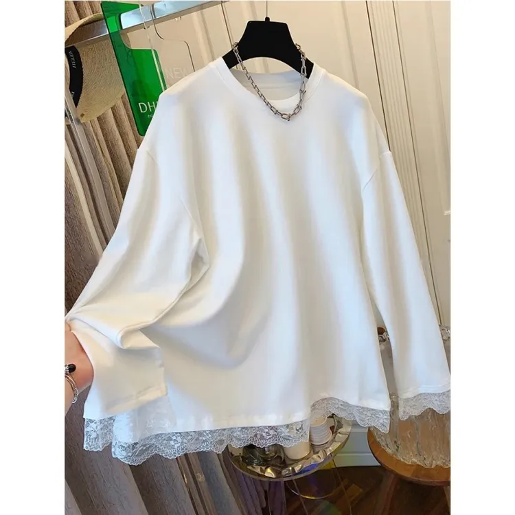 雪千羽大码胖MM蕾丝拼接德绒加厚长袖T恤秋冬宽松叠穿内搭打底衫