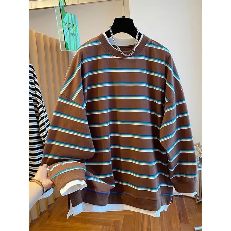 雪千羽大码240斤条纹长袖t恤春秋2025新款宽松休闲薄款假两件上衣