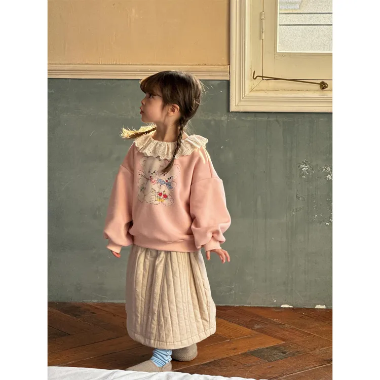 尖子蛋韩系童装2024冬季新款女童卫衣复合加厚花边领可爱卡通印花