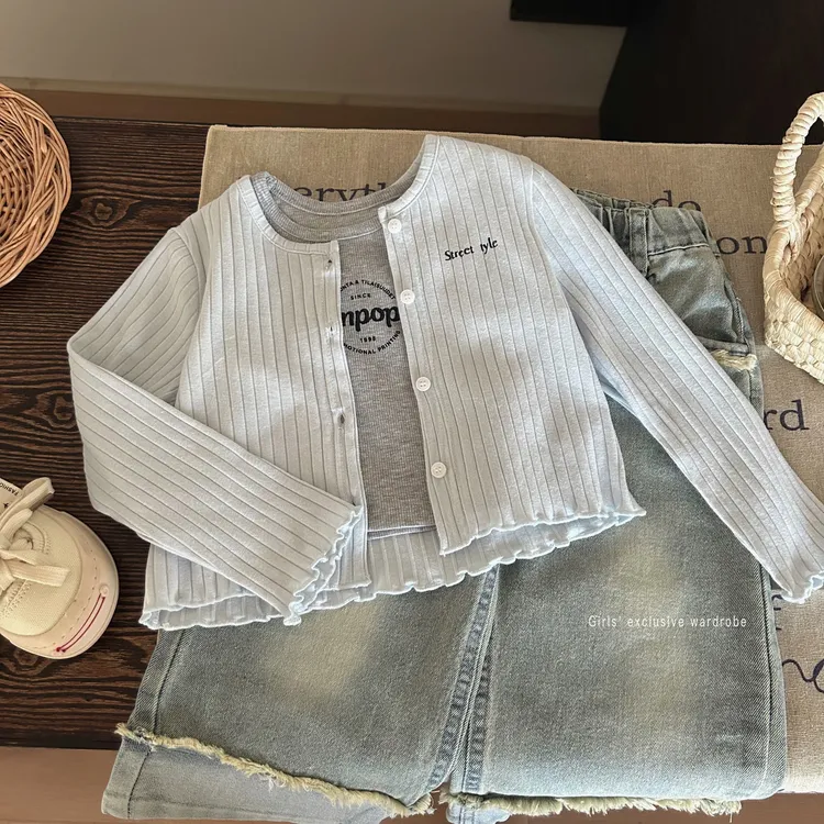 韩版童装2024新款女童秋装针织开衫外套儿童洋气背心牛仔裤三件套