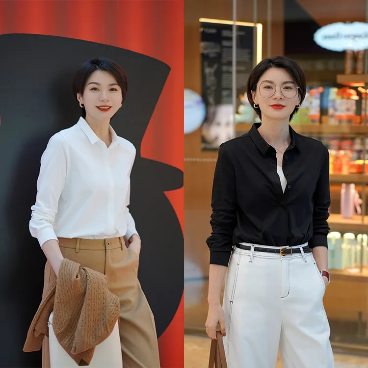 AMYMOORE艾莫尔休闲长袖秋纯棉白色衬衣气质女装衬衫时尚370638