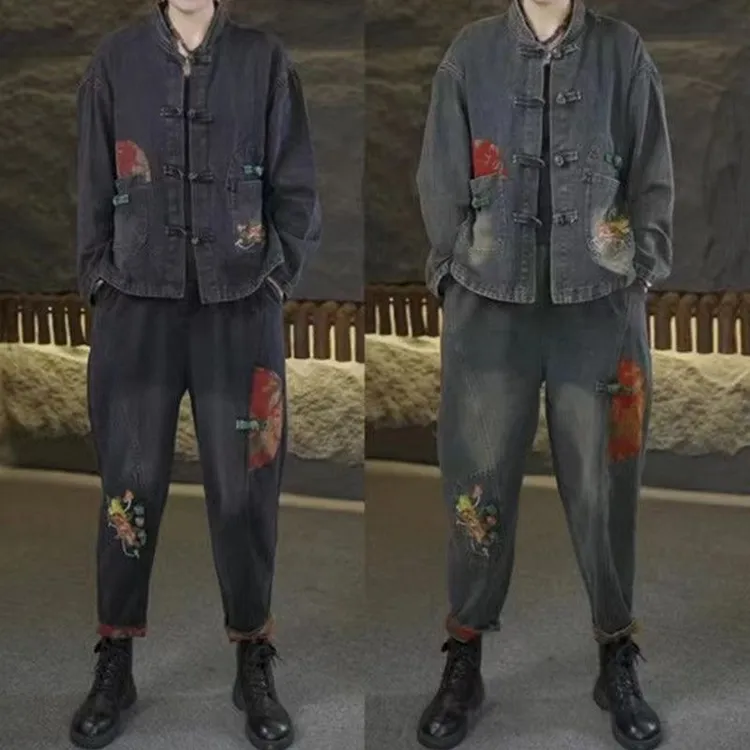 时尚复古女装2024刺绣牛仔春秋新款套装翻领外套码洋气哈伦两件套
