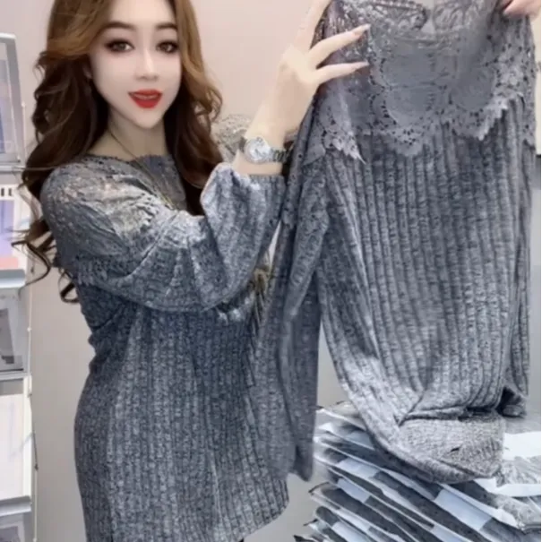 2024新款蕾丝拼接针织衫显瘦气质洋气长袖时尚宽松百搭打底秋冬