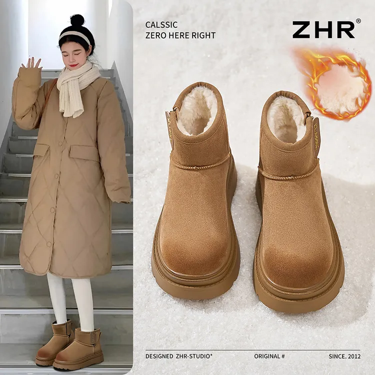 ZHR/则则真牛纤绒面厚底雪地靴女防滑2025冬季加绒加厚棉鞋短靴女