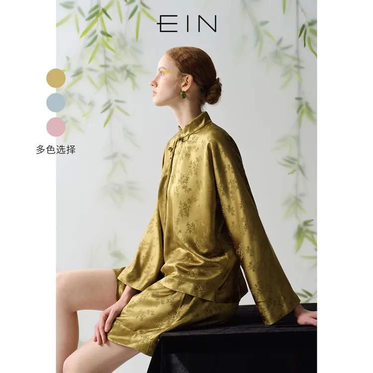 EIN/言中式东方竹影提花偏襟织带盘扣小立领醋酸上衣25秋季款女