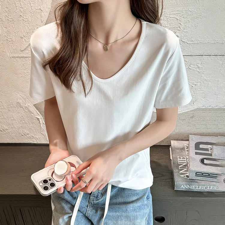 2024新款宽松V领正肩短袖t恤女夏季大码体恤高级感衣服遮肚子Ｔ恤