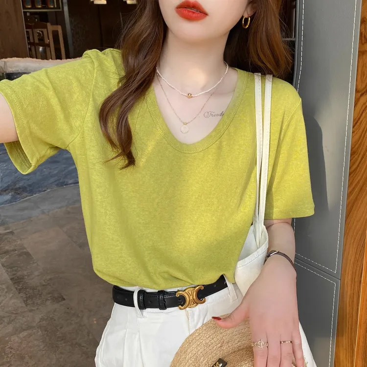 V领t恤女短袖薄款夏季体恤2025年新款棉麻宽松独特白色冰丝上衣