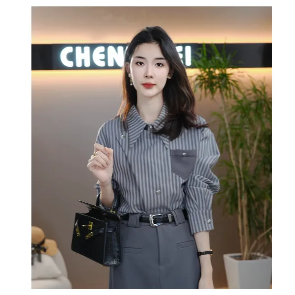 【日常新中式】CYM1129灰色条纹衬衫女春款2024年新款女装衬衣上衣