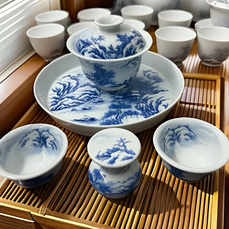 景德镇纯手工纯手绘釉下青花雪景套组满工满绘茶具
