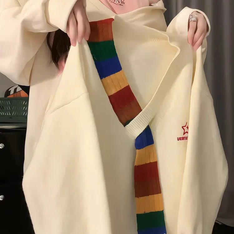 2025秋季新款韩系复古少女风灯笼袖彩虹拼色V领宽松米杏色毛衣女