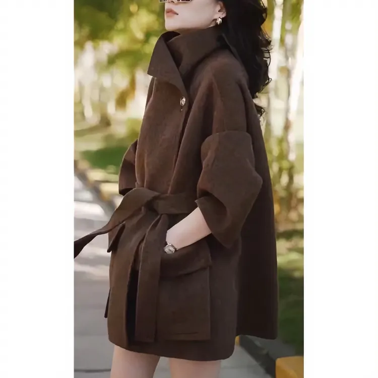 高级感中长款毛呢外套女秋冬款2025新款时尚系带收腰加厚呢子大衣