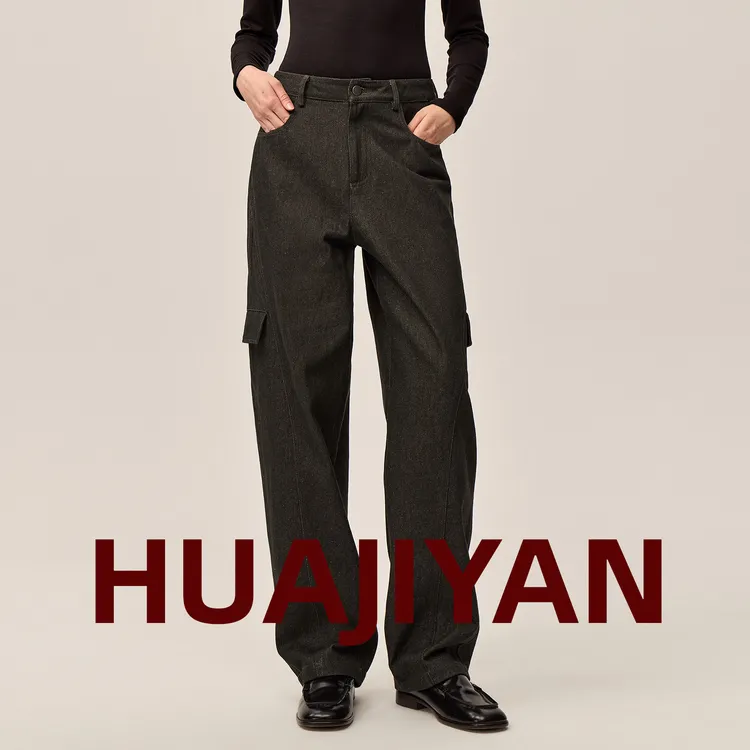 华吉言/HUAJIYAN【剪影】前后立裁分割侧兜工装牛仔休闲裤