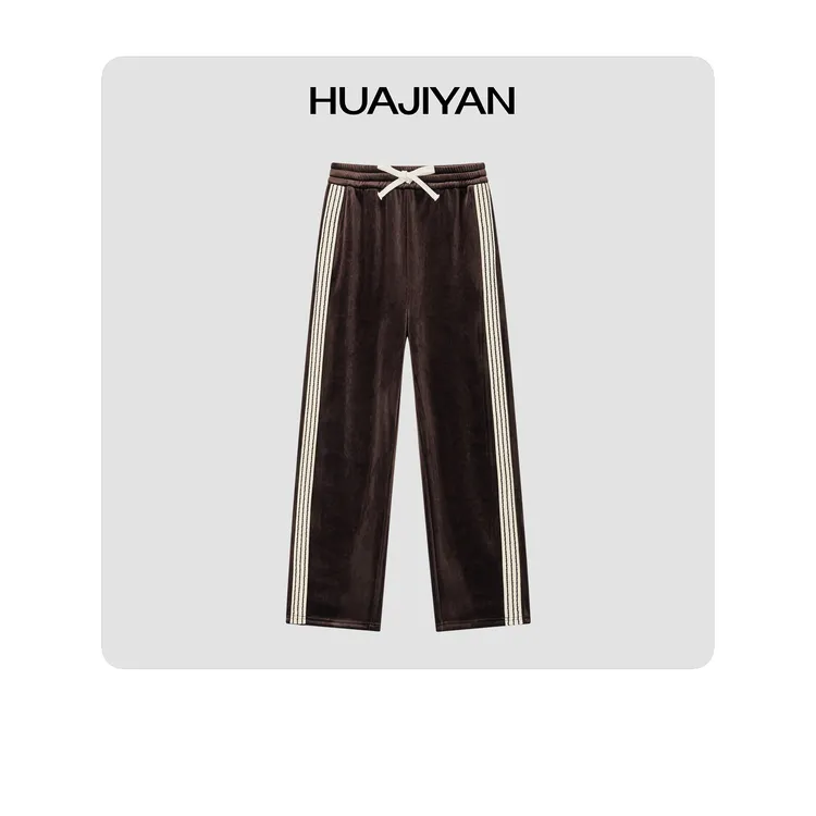 华吉言/HUAJIYAN【四条杠】定制轻奢丝绒空气感松紧腰阔腿裤