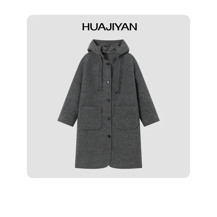 华吉言/HUAJIYAN【灰魔法】100羊毛vintage风复古感可拆卸连帽大衣