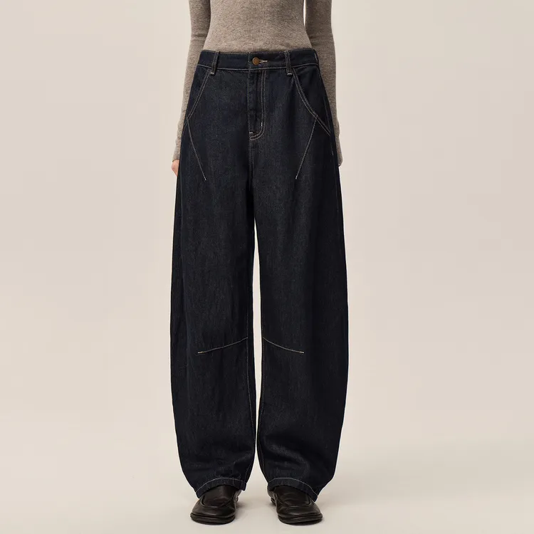 华吉言/HUAJIYAN【月牙】原色水洗立裁四压线镰刀型裤腿牛仔裤