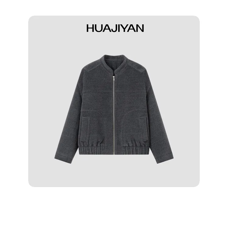 华吉言/HUAJIYAN【冷杉】100初剪羊毛立裁颗粒感立领夹棉短夹克外套