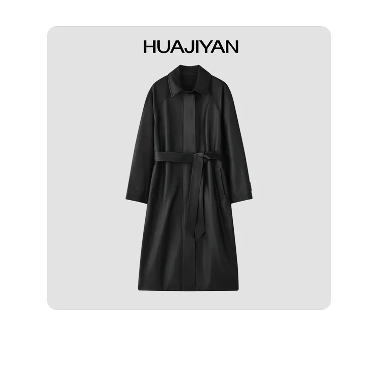 华吉言/HUAJIYAN 【神秘人】油蜡纸感工艺插肩廓形长风衣