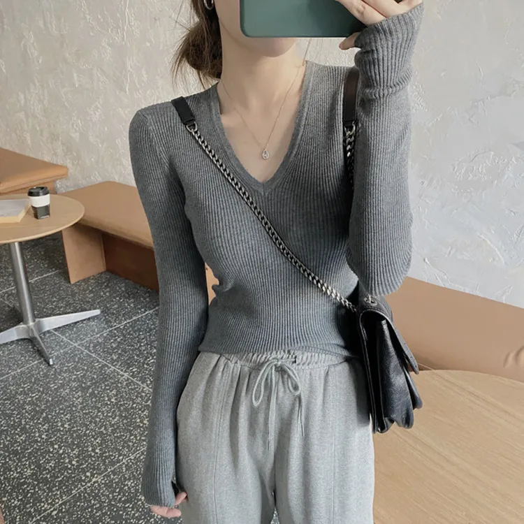 2025春秋新款复古洋气百搭V领长袖针织衫打底精致上衣女秋冬外穿