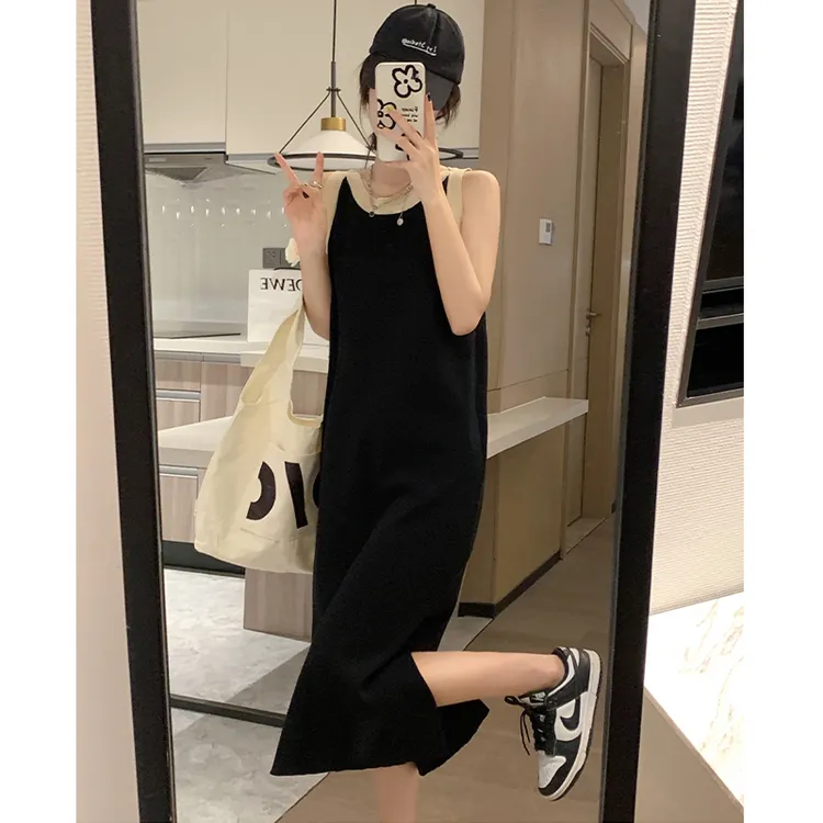 夏季新款宽松休闲条纹长款针织连衣裙女气质时尚无袖开叉连衣裙女