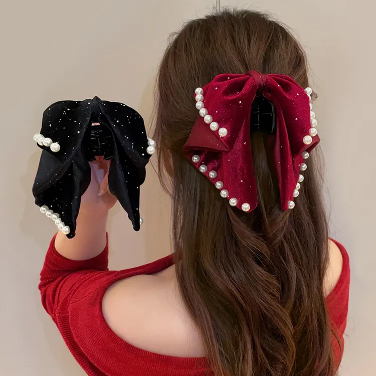 2024新款蝴蝶结马尾抓夹后脑勺半扎发高档发夹高级感仿珍珠发饰女