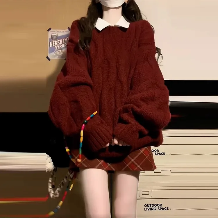 慵懒风软糯红色毛衣女秋冬季新款圣诞穿搭套头麻花针织衫圆领上衣