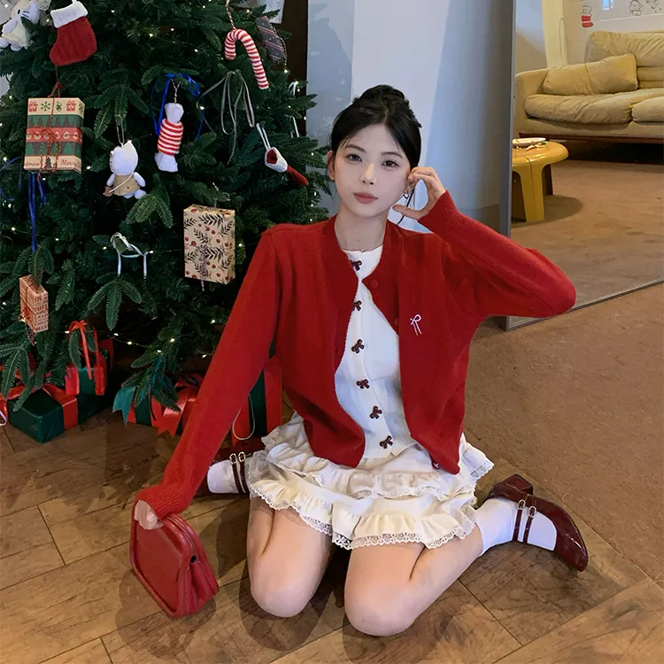 圣诞红色假两件针织开衫女秋冬季氛围感软糯毛衣拼接外套上衣显瘦