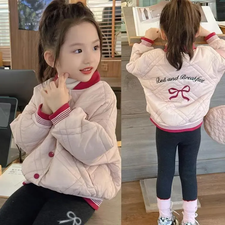 女童秋冬装加棉外套2025洋气新款女宝宝粉色刺绣加厚棒球服上衣
