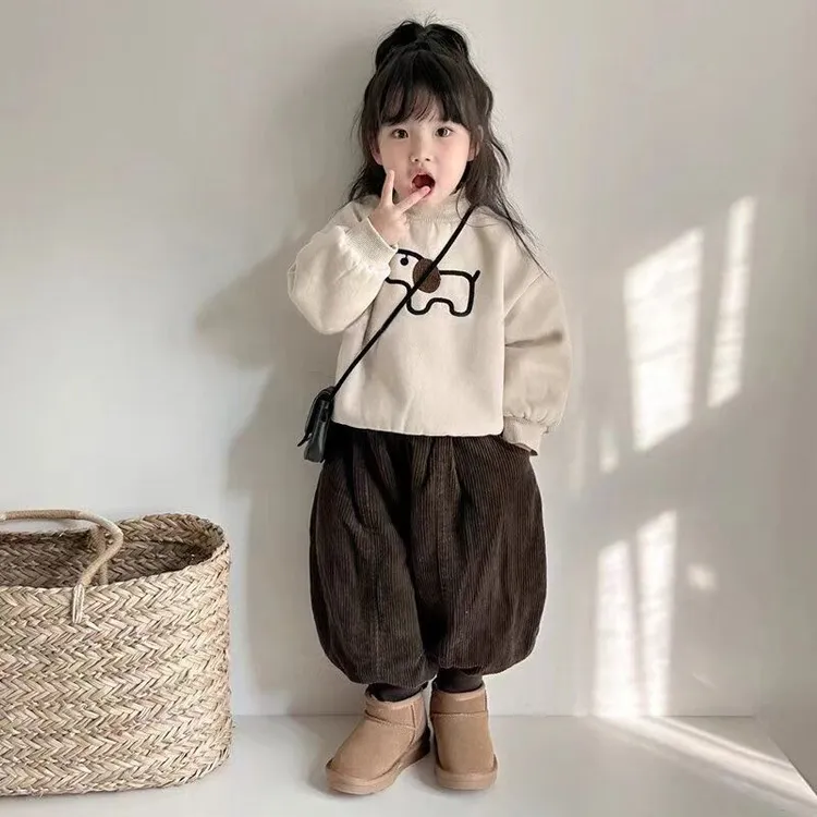 2025冬款套装韩版男女童宝宝百搭加绒加厚洋气刺绣上衣儿童束脚裤