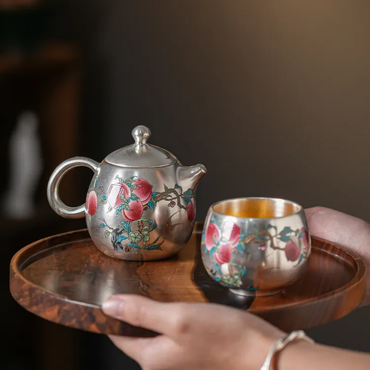 银壶999足银九桃一壶一主人杯陶瓷手工鎏银茶具龙蛋壶家用茶器