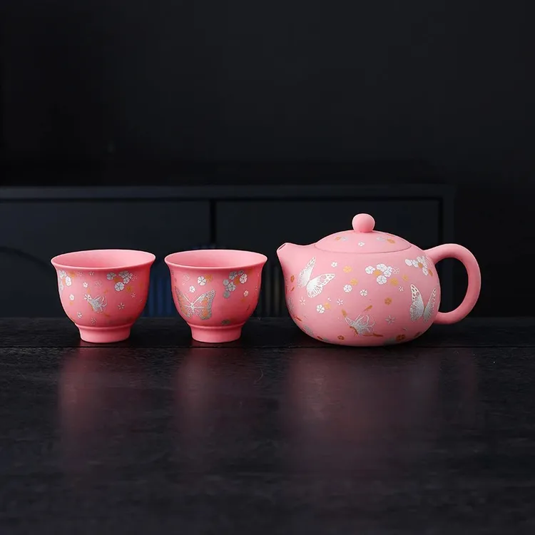 粉泥紫砂壶凤鸣壶金银错蝶恋花一壶两杯西施壶紫砂茶具礼盒装茶器