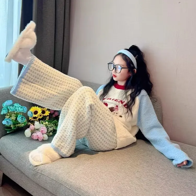 儿童家居服睡衣2025新款男女童亲子装加厚半边绒保暖套装不起球