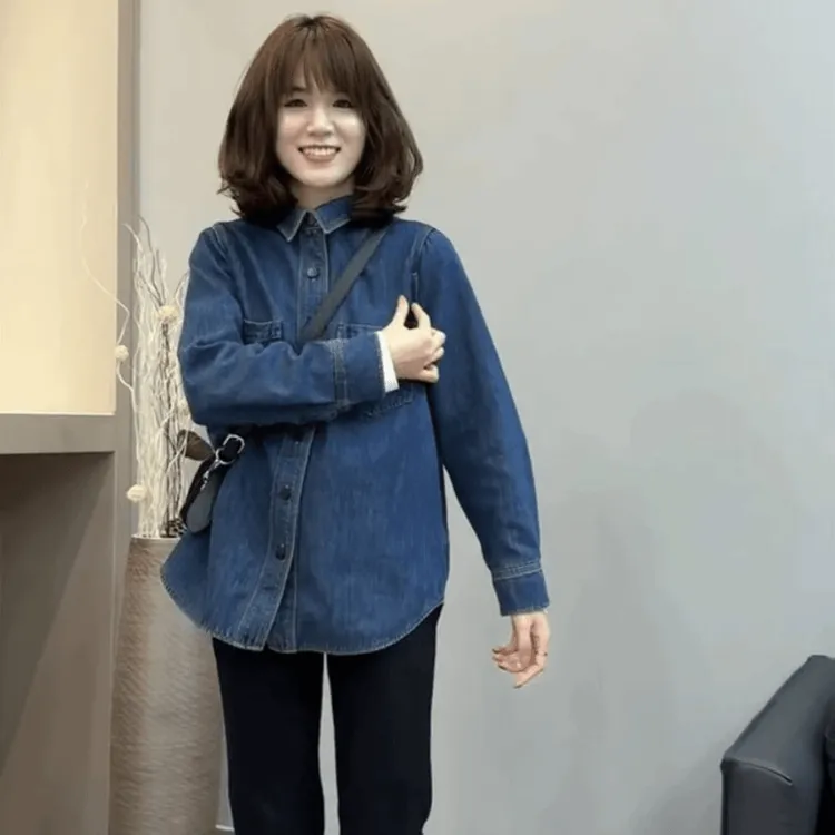不卷边时尚百搭软牛仔衬衫女春季内搭叠穿小个子衬衣休闲复古上衣