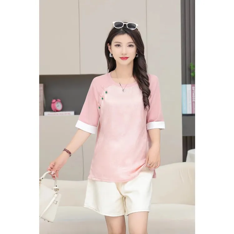 【常熟新中式】绣花T恤气质盘扣短袖显瘦洋气复古减龄时尚夏季休闲