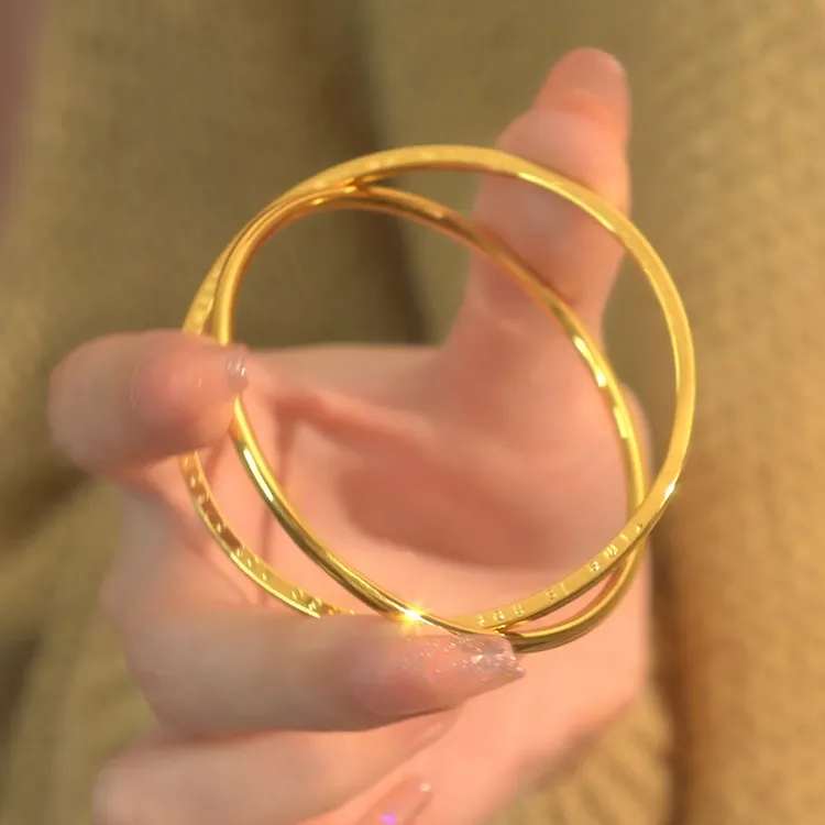 铜合金手镯 轻奢时尚百搭星轨双环字母四叶草环环相扣手镯