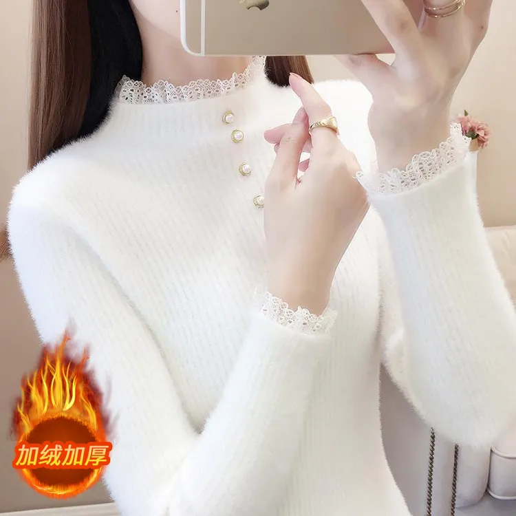 蕾丝花边半高领纯色毛衣女仿水貂绒针织打底衫设计感内搭修身上衣