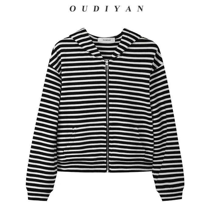OUDIYAN 小个子高端女装 秋季新款休闲长袖针织条纹连帽卫衣外套