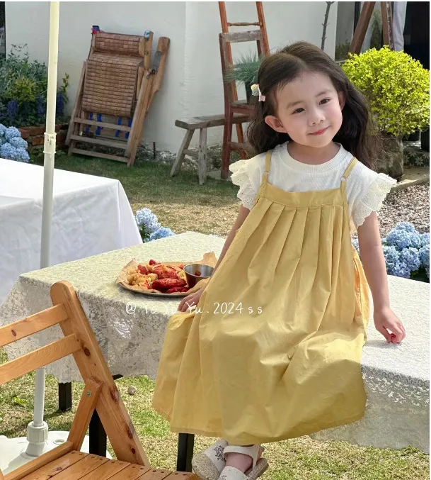 【汐澜专享】2024夏季新品女童洋气连衣装泡泡袖儿童法式两件套