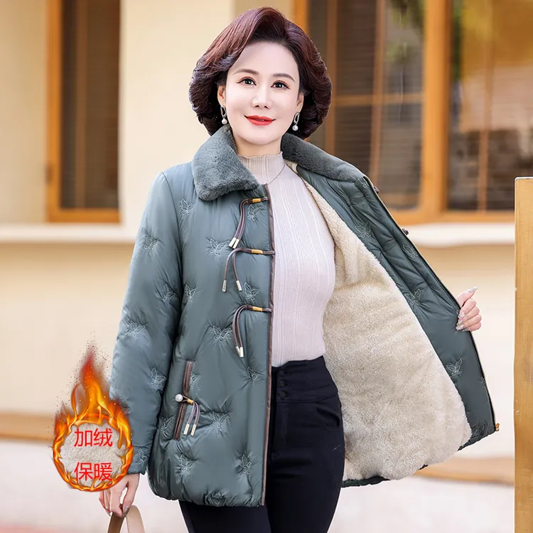 冬季加棉加绒保暖外套棉衣女装时尚气质妈妈装上衣棉服刺绣复古潮