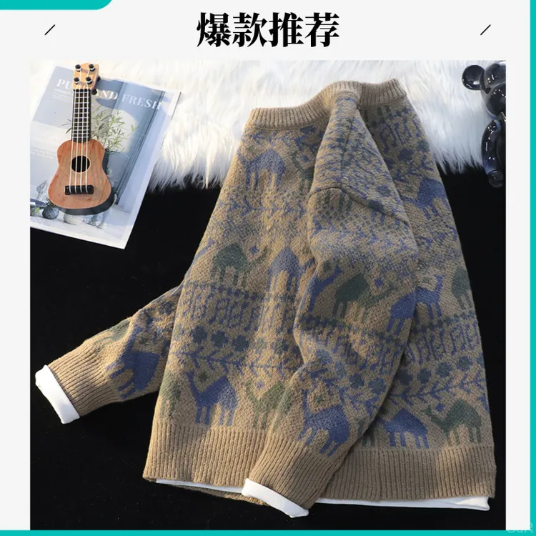 潮流宽松针织衫上衣新款圆领潮牌毛衣男款复古痞保暖秋冬季帅百搭