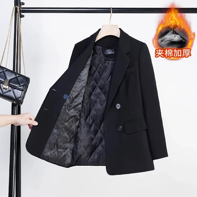 黑色夹棉西装外套女秋冬高级感2025新款小个子休闲小西服冬季加厚