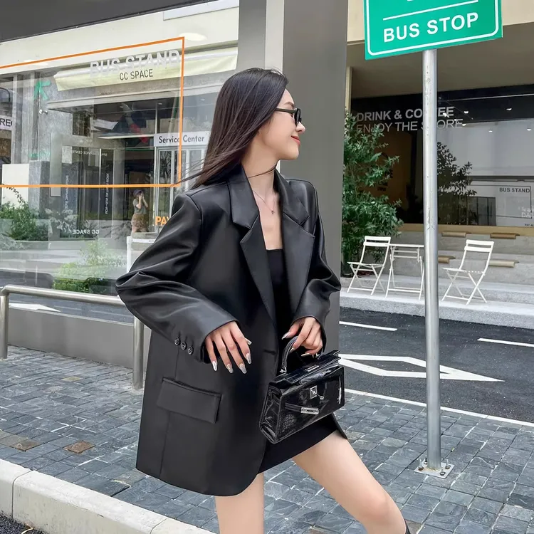 黑色皮西装外套女高级感秋季ins宽松oversize夹克PU皮气质机车服