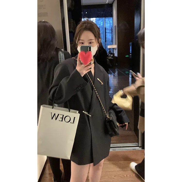 【工厂直发】黑色别针西装外套女2025年秋冬新款韩版oversize西服