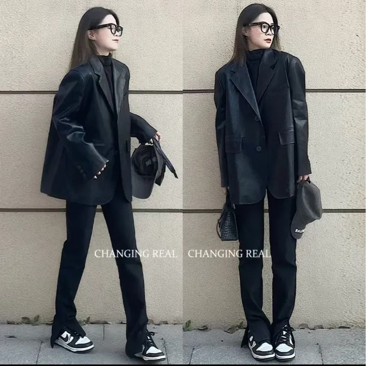 大码女装黑色PU皮衣西装外套秋季新款高级质感宽松休闲小西服胖mm
