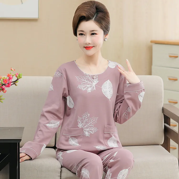 中老年中年妈妈睡衣女春秋季棉长袖大码薄款家居服女士夏天套装冬