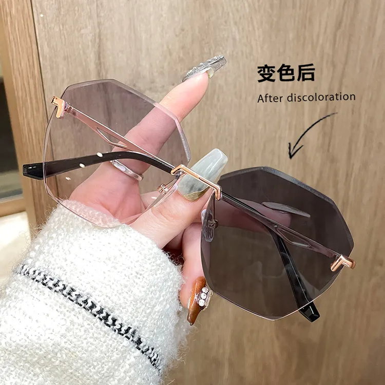 可变色无框太阳眼镜女防紫外线高级感旅游墨镜潮防晒圆脸大脸显瘦
