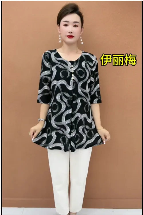 （反季清仓）休闲条纹圆领中老年女装小衫大码中袖洋气女装夏季显瘦