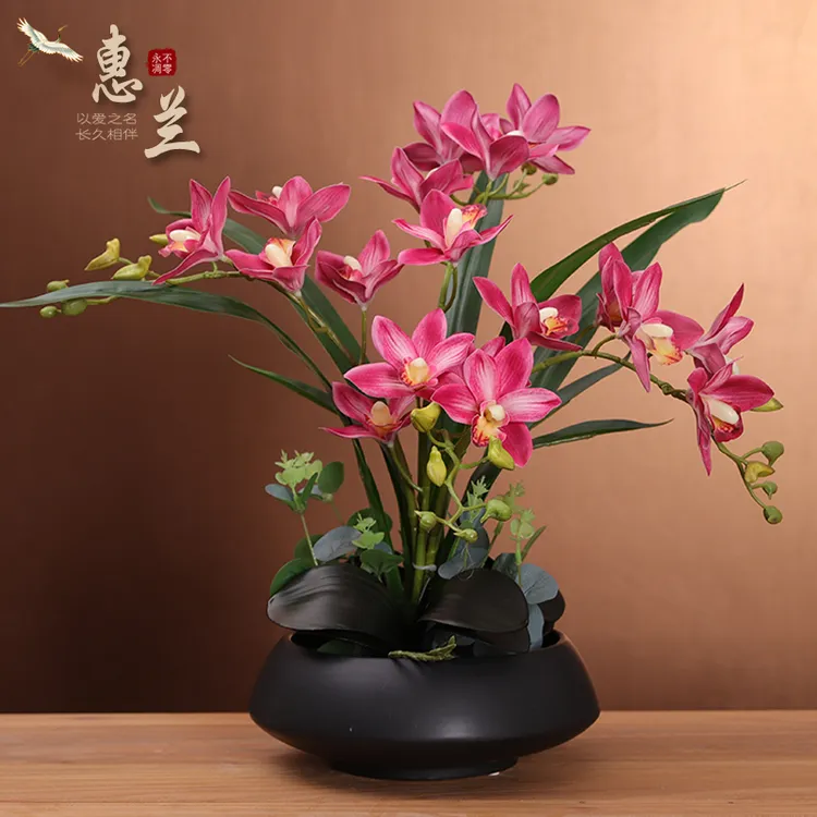 高品质蕙兰假花仿真花套装摆件新中式客厅电视柜冰箱上装饰永生花