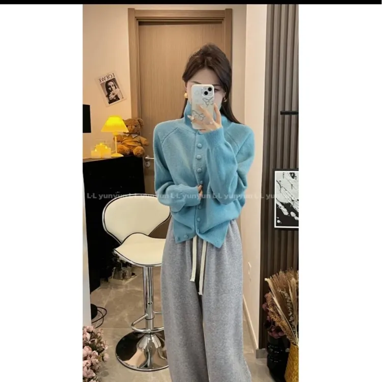 秋冬网红新款高领针织开衫女复古韩系慵懒风毛衣休闲加绒长裤套装