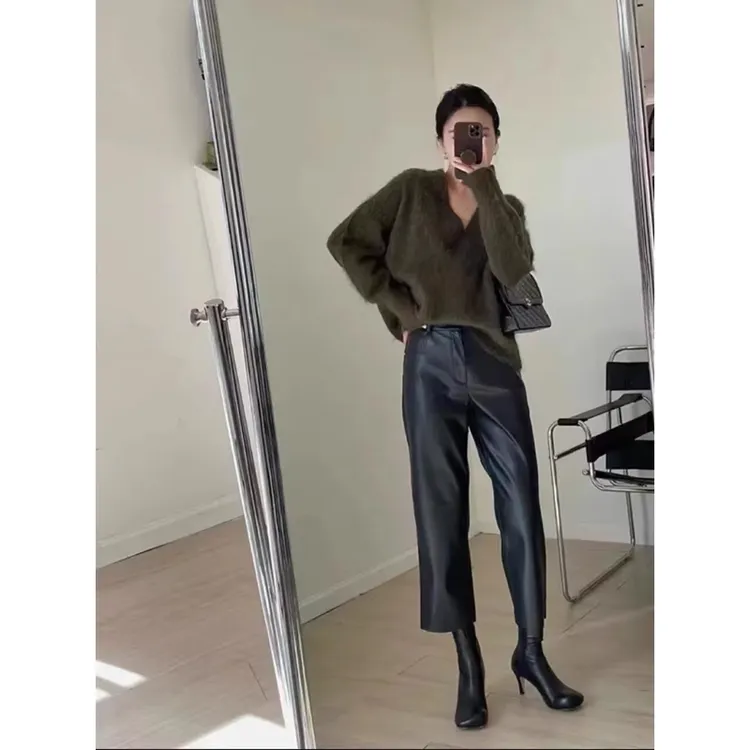 2025春秋 好穿柔软宽松直筒九分裤黑色PU皮裤女显瘦高腰拼接女款 