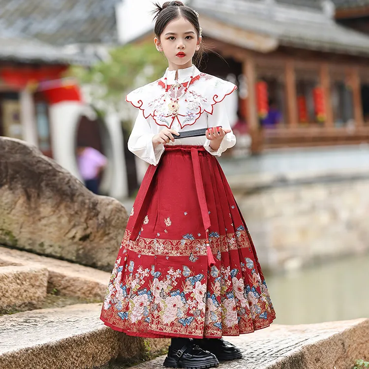 女童汉服马面裙复古刺绣中大童中国风唐装春秋套装
